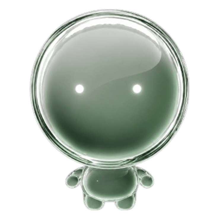 Popi, a pale green glass sphere with two bright eyes, on a small round body